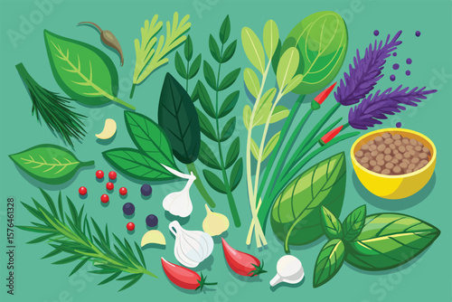 Vibrant vector illustration featuring a variety of fresh herbs, spices, garlic, and peppers on a green background, showcasing natural flavors and culinary ingredients.