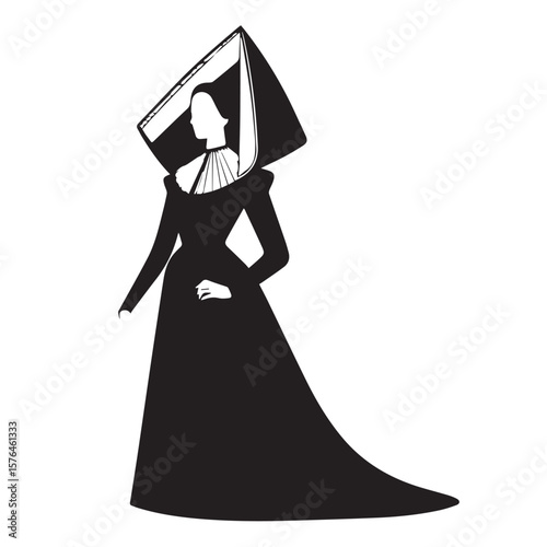 Stylized silhouette of a woman in a black dress and a distinctive headdress and ruffled collar
