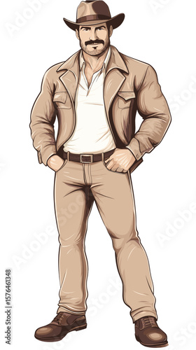Adventurous cartoon explorer standing confidently in beige outfit  