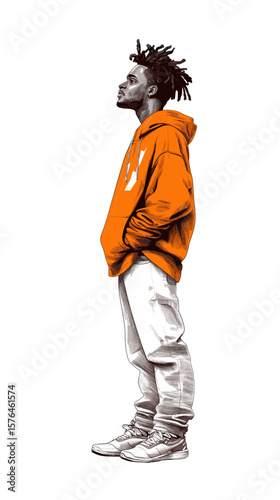 Young black man standing in orange hoodie and grey sweatpants  