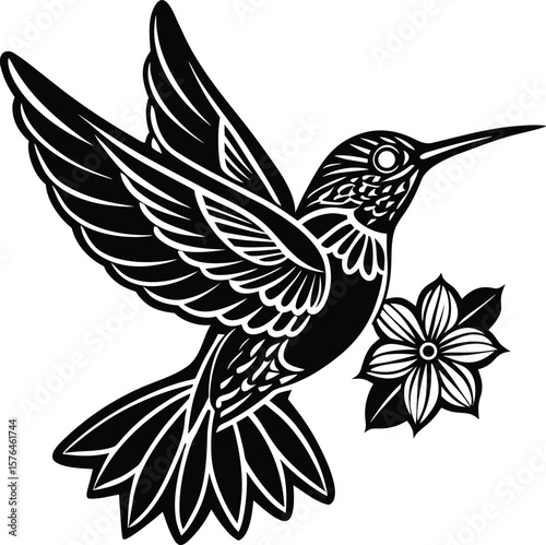 Elegant black silhouette hummingbird hovering near a stylised flower