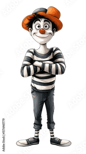 Cartoon clown character with orange hat and striped shirt smiling  