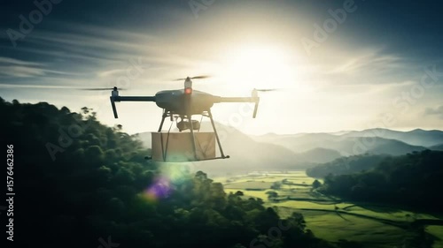 Drone Delivering Package Over Green Valley