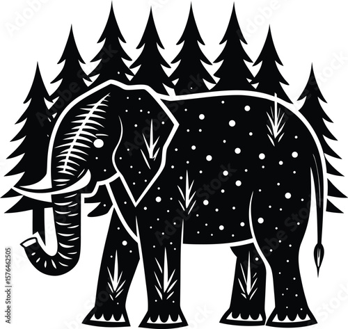 Stylized elephant silhouette among evergreen trees in a forest