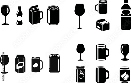 Vector illustration of various drinks icons collection beverage glass bottle can mug