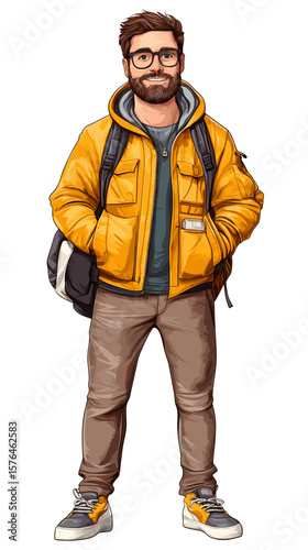 Young man standing with backpack in casual winter outfit