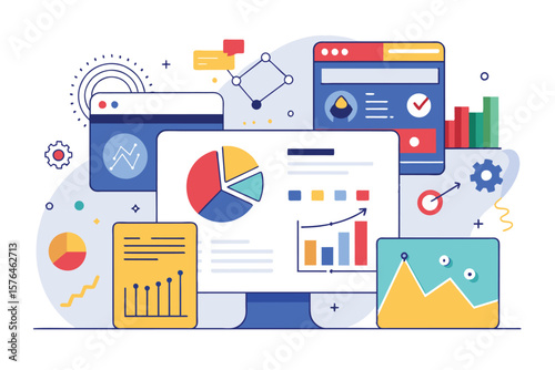 Colorful infographic illustrating data visualization concepts and business analytics elements. Includes charts, graphs, and digital interface in a modern, clean design.