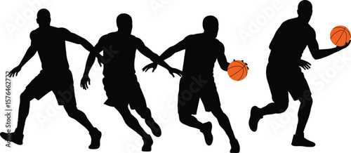 Basketball action silhouettes cad drawing flat vector illustration, five dynamic players with ball, dribbling and defending, front view motion layout