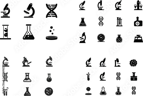 Science laboratory equipment vector icons set microscope dna test tube flask petri dish