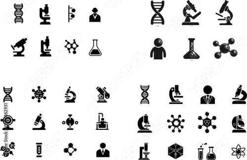 Science icons vector set dna microscope molecule lab equipment and scientist icons
