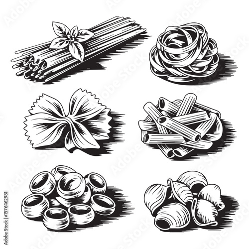 Collection of six different types of pasta shapes including spaghetti farfalle penne rigate conchiglie and fusilli with basil leaves in a black and white illustration