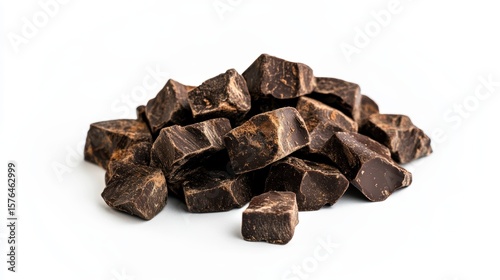 Close-up of a pile of dark chocolate chunks isolated on white background.