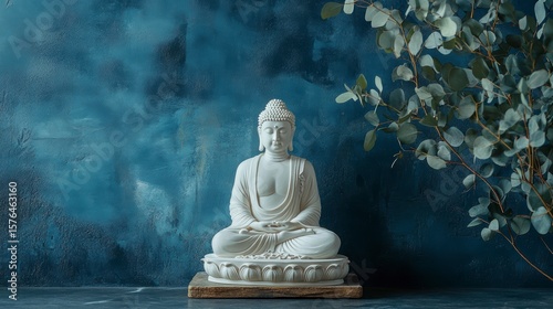 White Buddha statue meditating, serene pose against a blue textured background with eucalyptus branch.