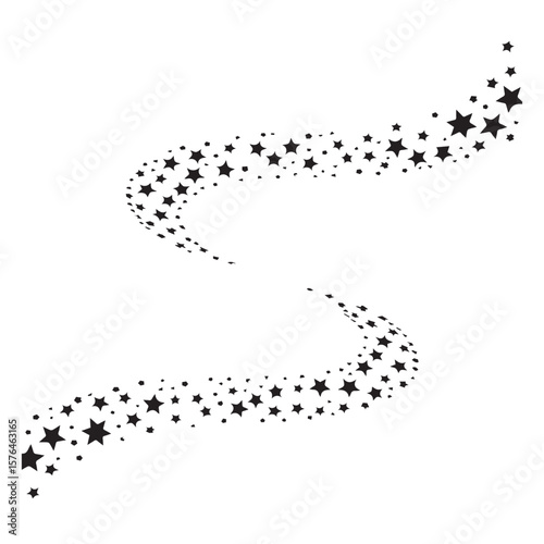 Dynamic swirling trails of black stars and dots creating an abstract s shape on a white background