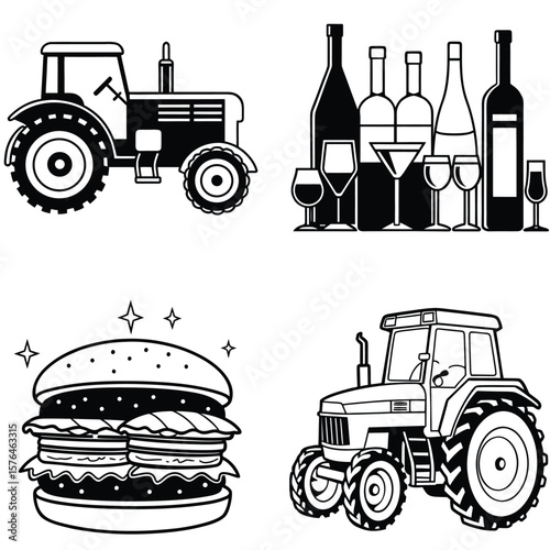 Vector art of a tractor, bottles, and a burger are isolated on white background