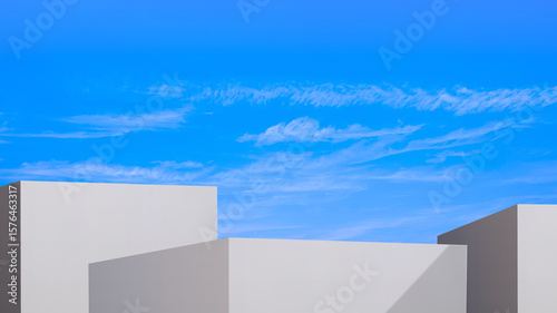 Backdrop Geometric White Podiums Steps against Blue Sky, Minimal 3d Platform Stand Background for Cosmetic Product Display Presentation, illustration
