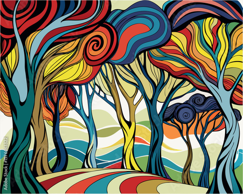 Vector illustration of a forest of trees with swirling trunks and canopies. Perfect for nature graphics, fantasy art, decorative designs, woodland themes, and magical forest visuals.