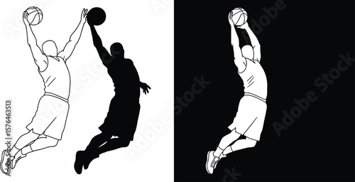 basketball player silhouette vector, dunk action pose, sports illustration, cad drawing flat vector illustration, black and white design
