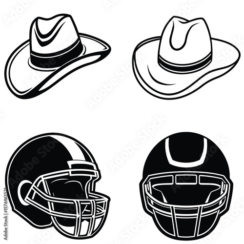 Vector art of two cowboy hats and two football helmets are shown in a black and white illustration