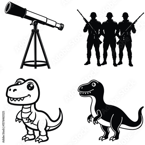 Vector art of a telescope, soldiers, and two dinosaurs are depicted in a black and white illustration