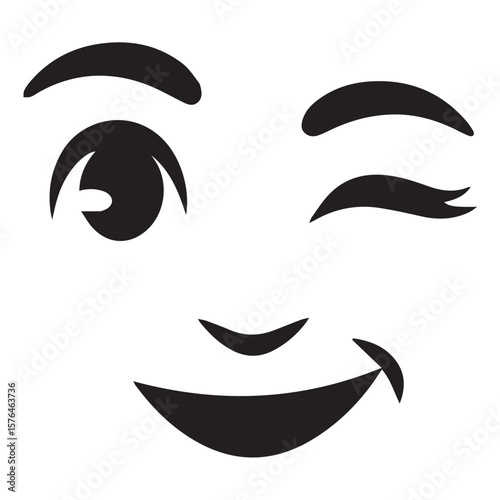 A simple black and white illustration of a cartoon face winking with a playful smile and one eye open