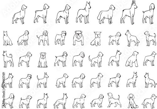 Dog Breeds line icon set. Vector pictograms of labrador, golden retriever, german shepherd, bulldog, beagle, poodle, dachshund, pug, shih tzu, maltese, yorkshire terrier thin linear illustration