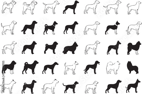 Dog Breeds line icon set. Vector pictograms of labrador, golden retriever, german shepherd, bulldog, beagle, poodle, dachshund, pug, shih tzu, maltese, yorkshire terrier thin linear illustration