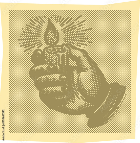  Vibrant color engraving canvas template stamp halftone vector olive color a hand holding a burning candle detailed illustration design artwork bright glowing light flicker