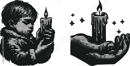 Monochrome lined effect engraving bundle featuring a hand holding a burning candle, detailed vintage style illustration, spiritual symbol, dramatic shadow art, black and white vector design