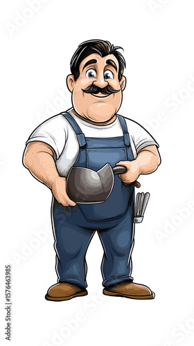Cartoon mechanic holding a wrench and smiling in blue overalls  