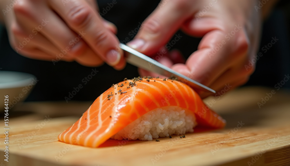 Obraz premium Chef Slicing Fresh Salmon at Culinary Studio with Artistic Lighting