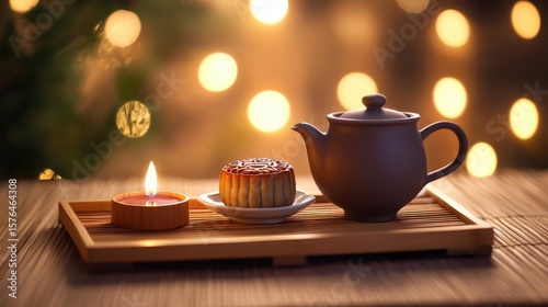 Wallpaper Mural Warm Tea Pot with Mooncake and Candle on Wooden Tray Background Torontodigital.ca