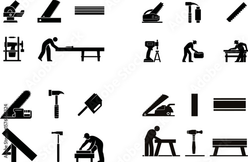 Carpentry tools woodworking equipment vector icon set diy project construction design