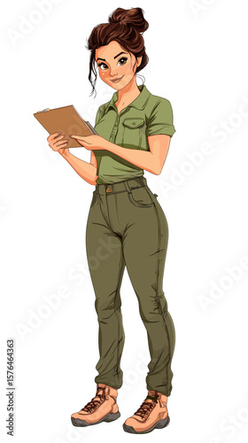 Woman holding clipboard while standing in casual attire outdoors  