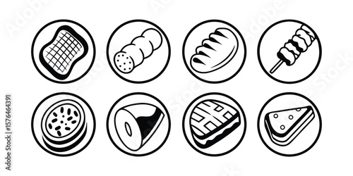 Extensive Meat Product Line Icon Set Vector Pictogram Collection Featuring Various Cuts Preparations and Styles for Butcher Shops Restaurants and Food Related Designs on transparent