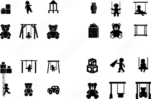 Vector playground set with swing teddy bear blocks and kids playing silhouette