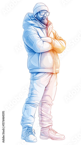 Young man standing confidently with arms crossed in winter attire  