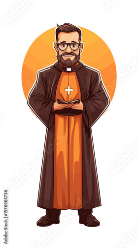 Cartoon priest standing with arms crossed and glasses in front of orange circle  