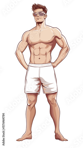 Young muscular man posing confidently in swim shorts on white background  