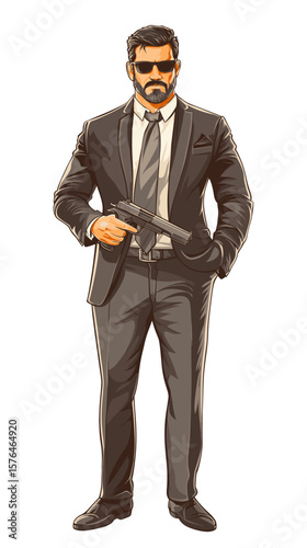 Animated man in suit holding a handgun with serious expression  