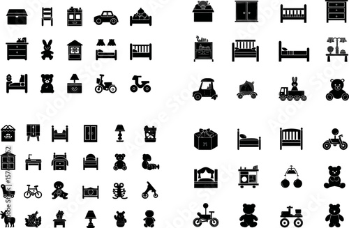 Vector icons set of baby furniture and toys for kids room interior design ideas