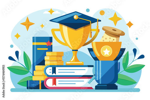 Vibrant illustration depicting educational success with books, trophies, graduated cap, and award ribbon. Represents achievement, learning, and excellence in education through symbolic imagery.
