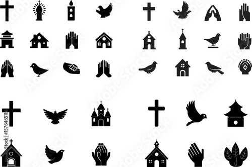 Christian religious symbols vector icons set cross church dove praying hands candle