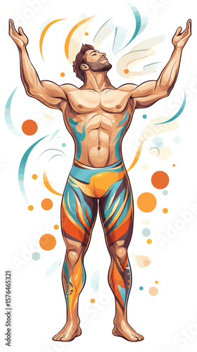 Muscular man rejoicing with arms raised in colorful abstract design  