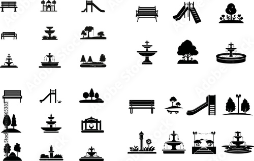 Park elements vector icons set bench fountain trees playground slide and landscape