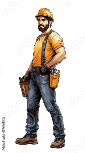 Construction worker standing with tools and safety gear in daylight  