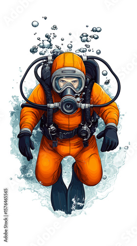 Diver in orange wetsuit swimming underwater with bubbles rising  