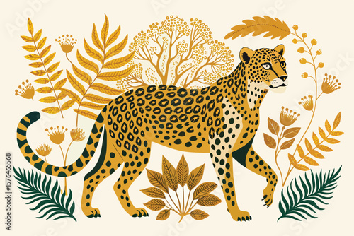 Beautifully illustrated cheetah surrounded by vibrant tropical foliage, showcasing elegant patterns and warm colors. This captivating design evokes a sense of natures beauty and exotic wildlife.