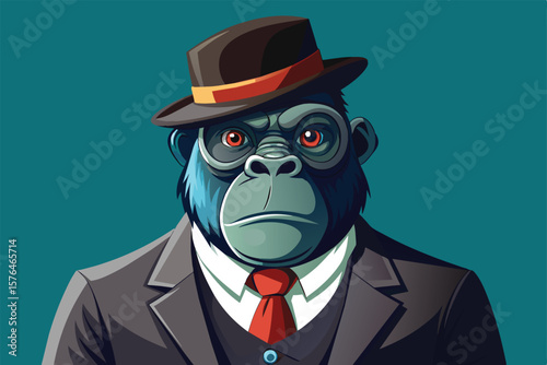 A whimsical illustration of a gorilla wearing a formal suit, tie, and hat. This playful image mixes sophistication with humor, perfect for creative or conceptual design projects.