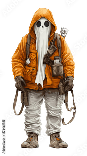 Ghostly figure wearing an orange hoodie with hunting gear and arrows  